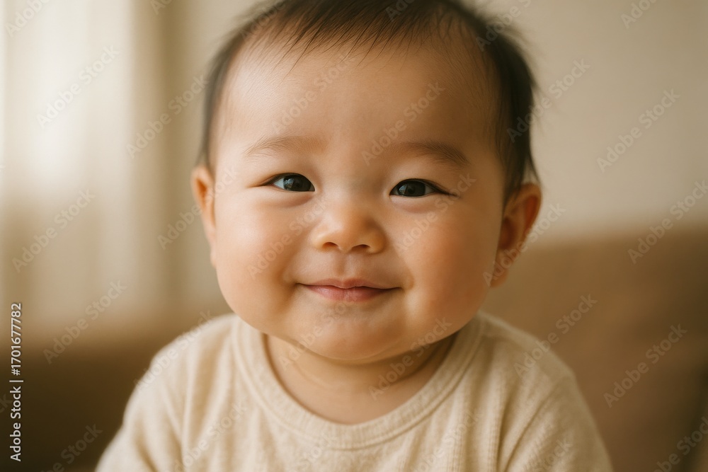 Japanese baby smiling gently with natural daylight, cute expression, warm and safe atmosphere, commercial use for family, childcare, lifestyle and wellness backgrounds Japanese baby smiling gently with natural daylight, cute expression, warm and safe atmosphere, commercial use for family, childcare, lifestyle and wellness backgrounds