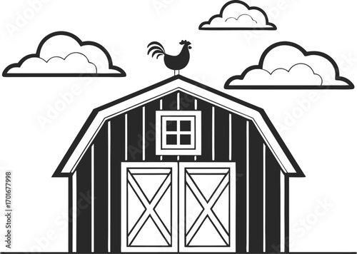 Vector art of a black and white illustration of a barn with a rooster on top and clouds in the sky
