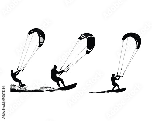 Dynamic silhouettes of three kiteboarders riding waves and water splashes in a clean vector illustration style