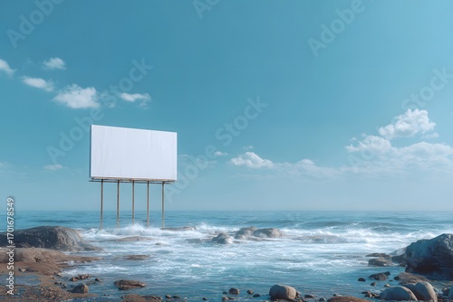 Empty Billboard Stands Over Ocean Waves Under Clear Blue Sky