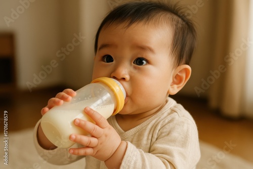 Japanese baby holding a milk bottle with tiny hands indoors, natural daylight, safe and warm atmosphere, commercial use for family, childcare, nutrition and lifestyle backgrounds
