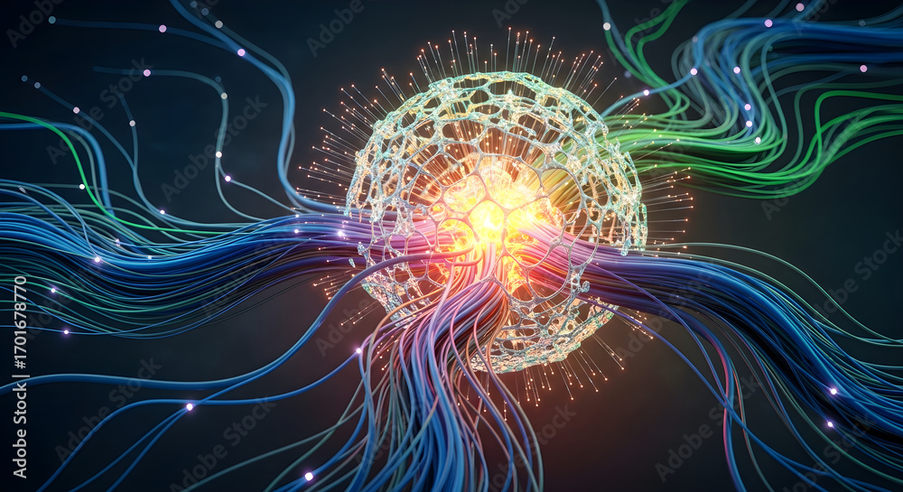 Fototapeta premium Abstract representation of a neural network with glowing connections and a central node, symbolizing artificial intelligence and complex data processing