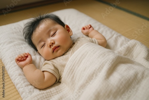 Japanese baby taking a nap on a futon with a soft blanket, natural daylight, calm and safe atmosphere, suitable for lifestyle, family, childcare and wellness backgrounds