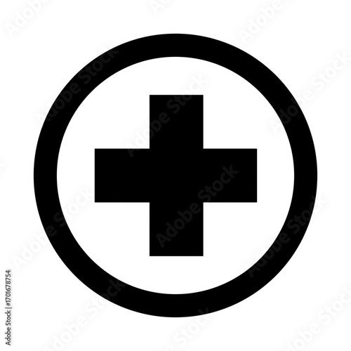 Icono grafico de una cruz rodeada de un circulo concepto de salud, medicina sanidad o emergencias sobre fondo blanco