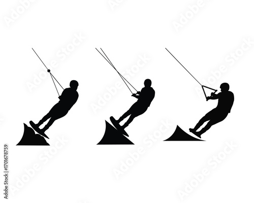 Silhouette of a kiteboarder in three sequential poses demonstrating the motion of riding a wakeboard or kiteboard on water