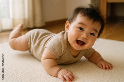 Japanese baby rolling over on a soft mat indoors, natural daylight, cheerful and active expression, commercial use for lifestyle, childcare, family and wellness concepts