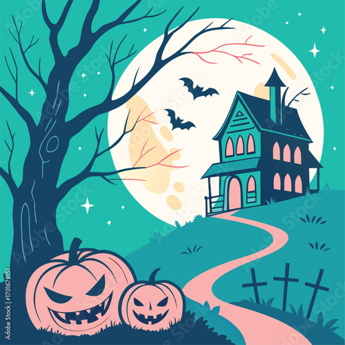 A creepy haunted house sits on a hill under a giant full moon, with carved pumpkins and bats in a dark, eerie landscape.