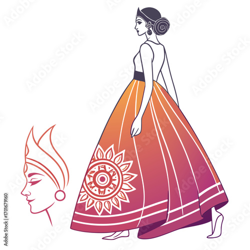 Woman in gown with sun design