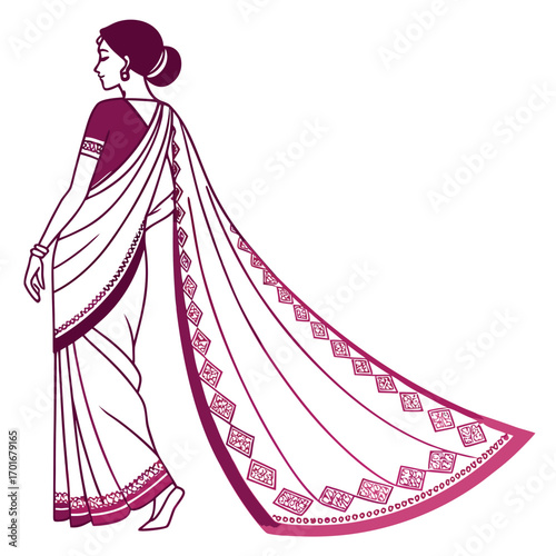 Woman in a saree with intricate border illustration