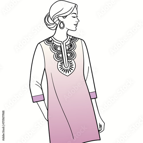 Woman in a tunic with embroidered neckline