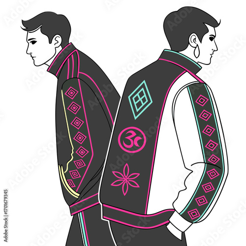 Two men in fashionable tracksuits with geometric and symbolic design elements
