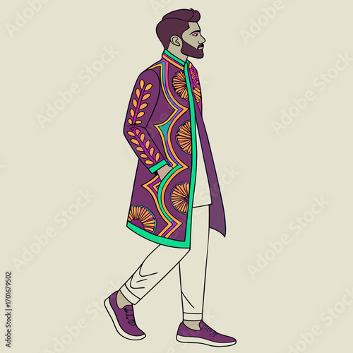 Man in stylish kurta and sneakers with design
