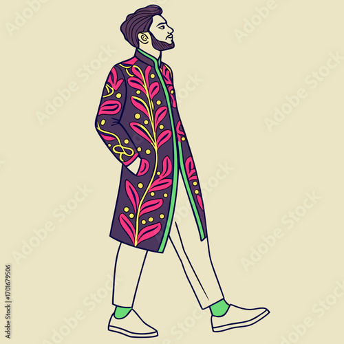 Man in stylish kurta and sneakers with floral art