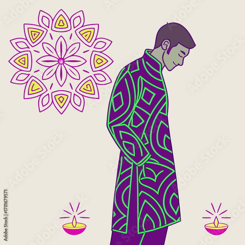 Man in a purple sherwani with green accents and a mandala design