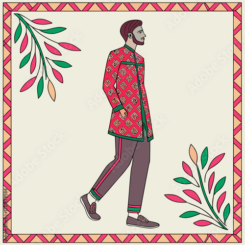 Man in a red patterned sherwani walking with a decorative border