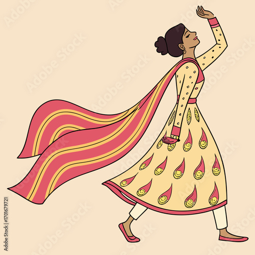 Illustration of a woman in a dress with dupatta