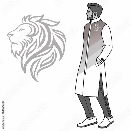 Illustration of a man wearing a white sherwani with a lion head