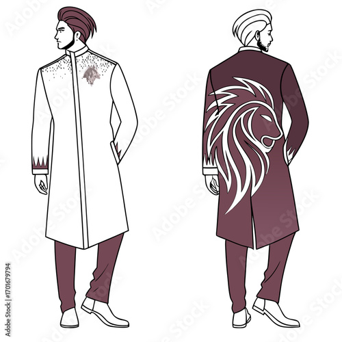Illustration of a man wearing a sherwani with lion motif