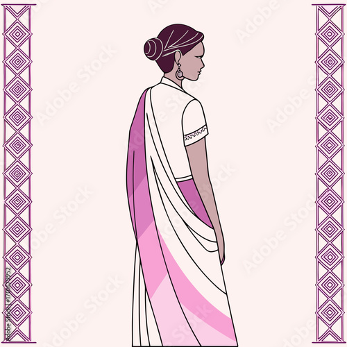 Elegant woman in a traditional saree with pink accents and simple design