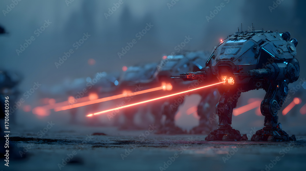 Obraz premium Futuristic AT AT Walkers Firing Lasers in a Battle Scene AI Generated