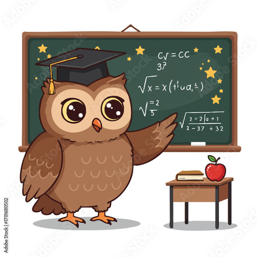 Wise, cute owl in a graduation cap points to a blackboard with mathematical equations and stars; a vibrant 2D flat vector illustration with a desk and apple on white.