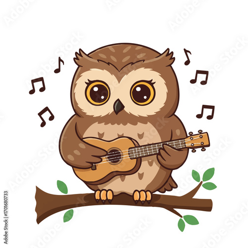 A cheerful, cute owl plays a small ukulele on a tree branch with musical notes floating around, depicted in a vibrant 2D flat vector illustration against a clean white background.