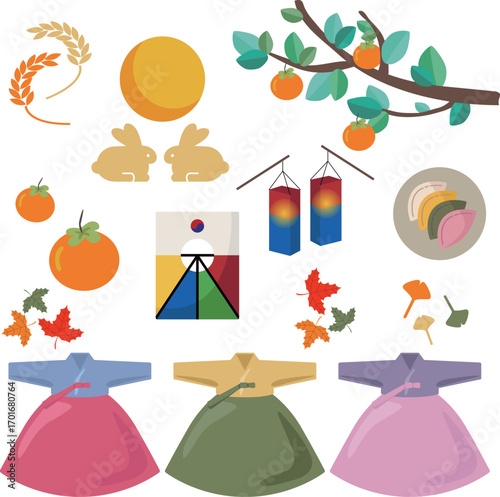 Korean Mid-Autumn Festival and Chuseok Icon Set