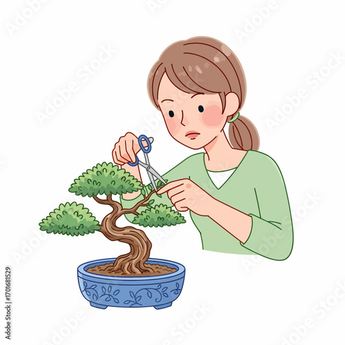 Focused Woman Carefully Trimming and Shaping a Miniature Bonsai Tree with Scissors as a Hobby