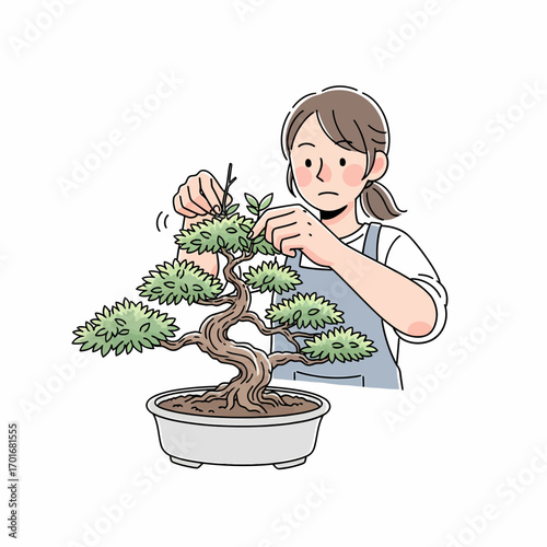 Woman Pruning Bonsai Tree A Detailed Illustration of Horticultural Care and Artistic Practice