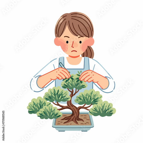 Woman Pruning a Bonsai Tree Gardening, Horticulture, and Plant Care with Dedication