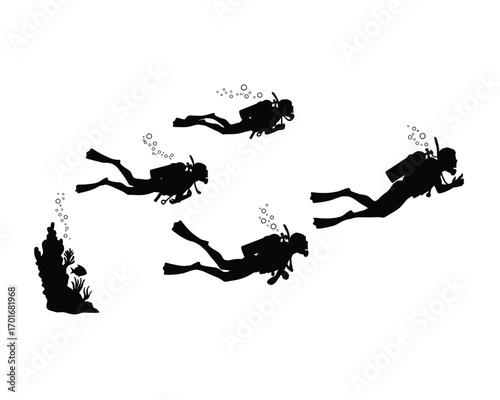 Silhouettes of four scuba divers exploring the deep blue ocean with bubbles rising from their equipment