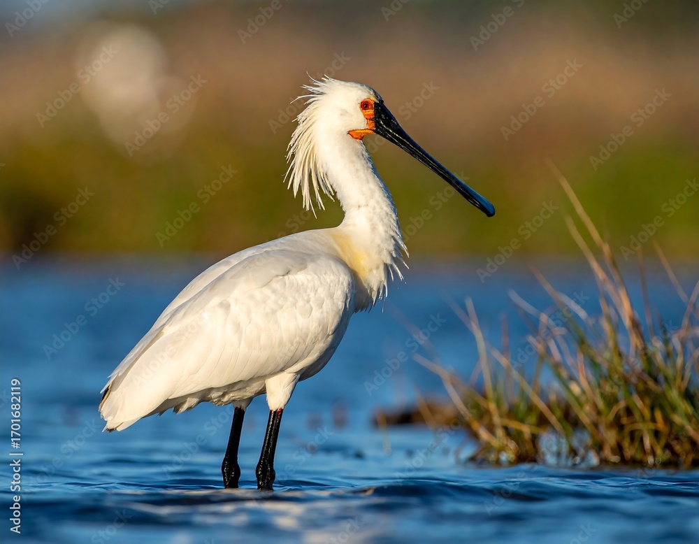 Fototapeta premium White bird wading in shallow water