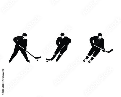 Three silhouettes of hockey players in action poses on a white background illustrating the sport
