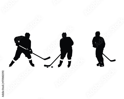 Three silhouetted ice hockey players in action on white background illustrating different poses and movements