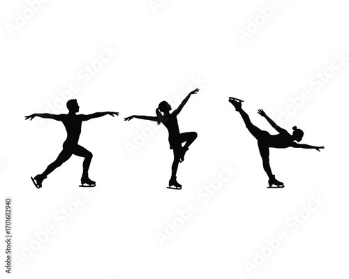 Silhouettes of three figure skaters performing graceful poses and dynamic movements on ice skates against a white background