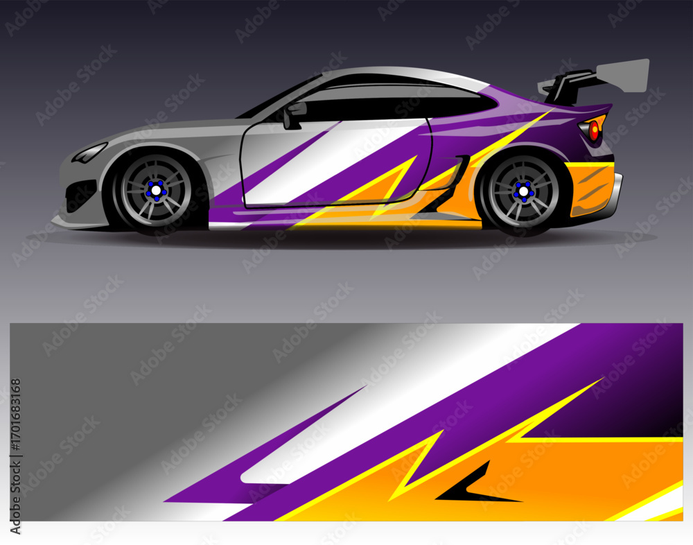 Naklejka premium Car wrap design vector. Graphic abstract stripe racing background designs for vehicle, rally, race, adventure and car racing livery