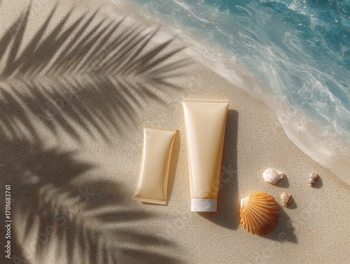 Sunscreen cosmetic tubes mockup on sandy beach with seashells and ocean wav