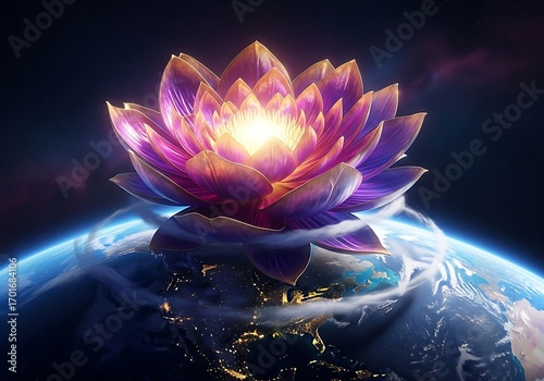 A glowing lotus flower emerges from the earth, symbolizing spiritual growth and cosmic connection in a vibrant, ethereal display