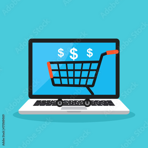 Minimal vector illustration of a shopping cart on a laptop screen with dollar signs, flat 2D design for Finance and Investment concepts.