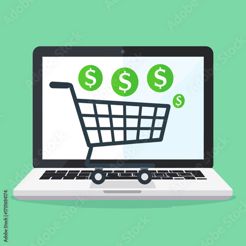 Flat 2D vector illustration of an e-commerce shopping cart with dollar signs on a laptop screen, representing online finance and investment.
