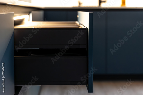 Pull-out drawer. Modern kitchen. LED lighting.