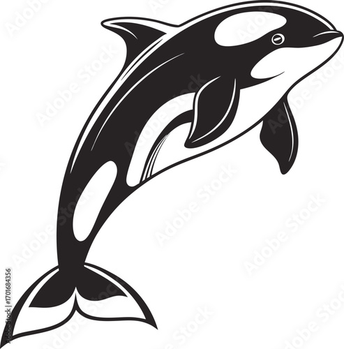 Vector art of a stylized black and white illustration of an orca whale leaping out of the water
