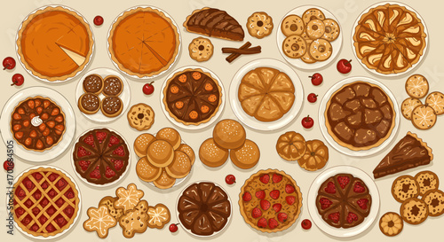 Abundant spread of freshly baked delicious pies, tarts, cookies, and buns perfect for holiday celebrations or cozy gatherings