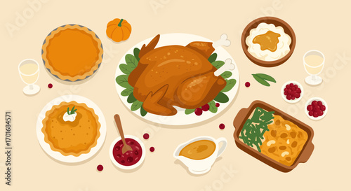 Abundant Thanksgiving feast featuring a golden roasted turkey, pumpkin pies, mashed potatoes, cranberry sauce, and festive drinks, perfect for holiday celebrations and culinary themes.