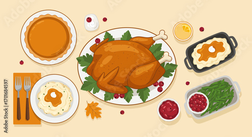 Deliciously prepared roasted turkey dinner with all the festive trimmings and a sweet pumpkin pie, perfect for holiday celebrations and autumn gatherings.