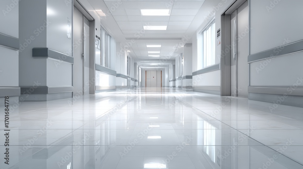 Fototapeta premium Hospital Interior Long Corridor with Doors and Windows, Clean and Modern Architecture, Healthcare Facility
