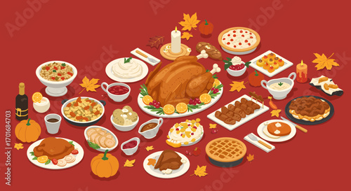 Abundant Thanksgiving feast featuring a golden roasted turkey, pies, side dishes, and autumn decorations creating a warm, festive holiday celebration scene