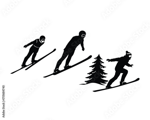 Dynamic silhouettes of skiers in mid jump and descent on snowy slopes with a pine tree