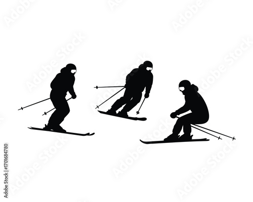 Silhouettes of three skiers in action on a snowy slope demonstrating different skiing poses and movements