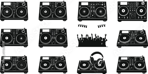 Silhouette illustration of DJ music equipment, turntable console, sound mixer, headphones, stage lights, party crowd, electronic dance entertainment design.